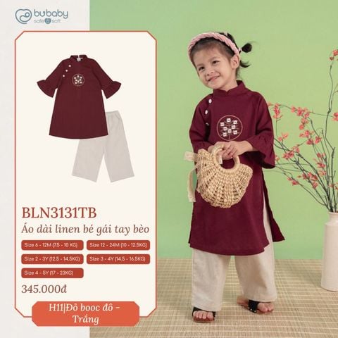 Áo dài linen Bu Baby bé gái tay bèo Đỏ booc đô - trắng
