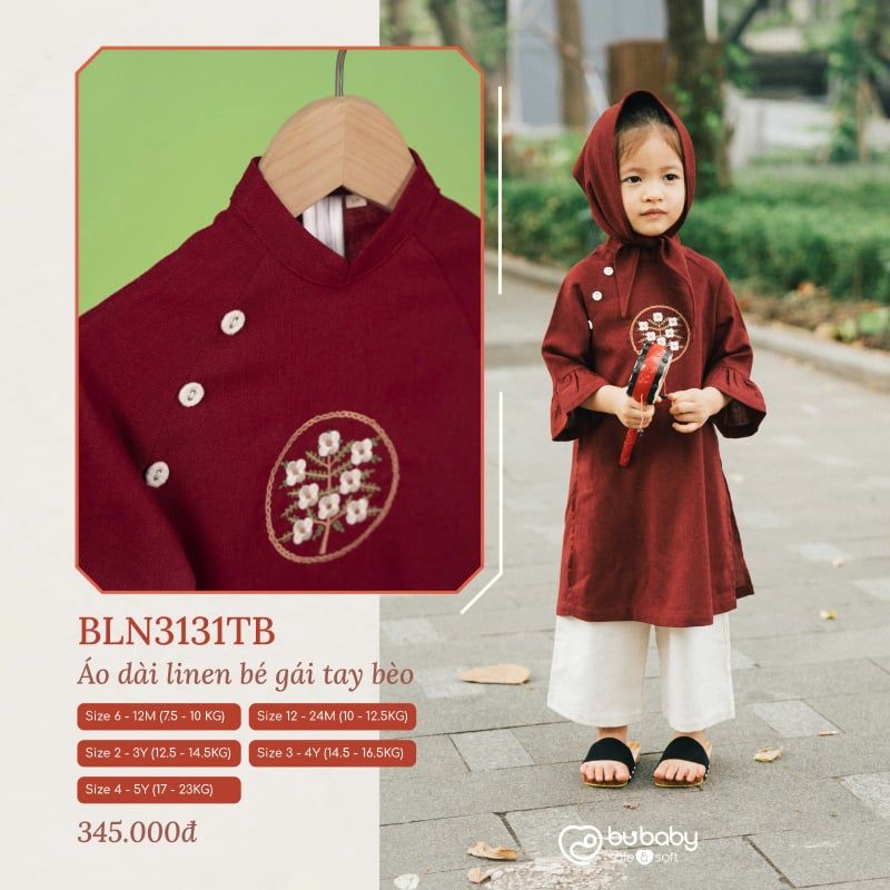 Áo dài linen Bu Baby bé gái tay bèo Đỏ booc đô - trắng