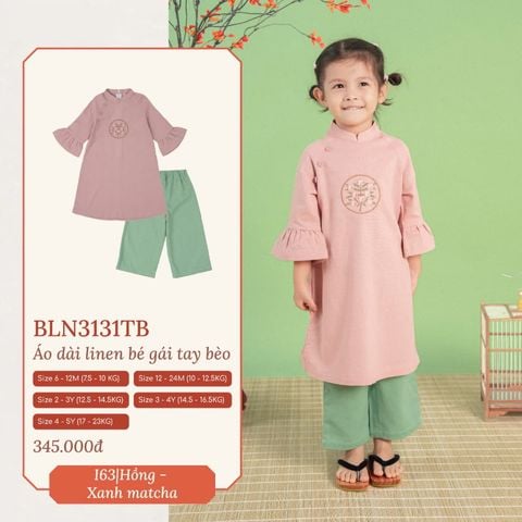 Áo dài linen Bu Baby bé gái tay bèo Hồng - Xanh matcha