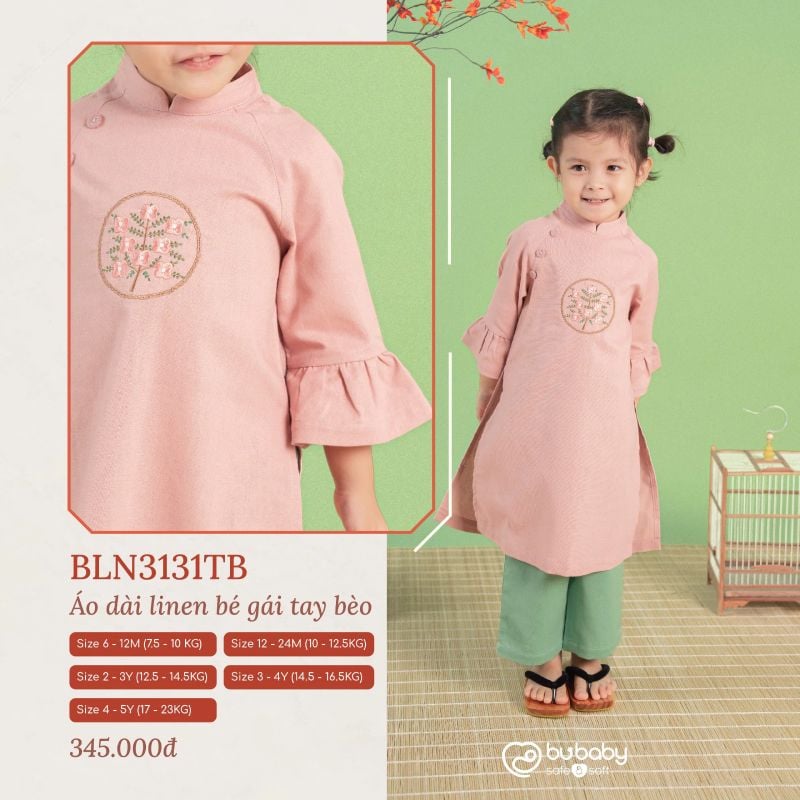 Áo dài linen Bu Baby bé gái tay bèo Hồng - Xanh matcha
