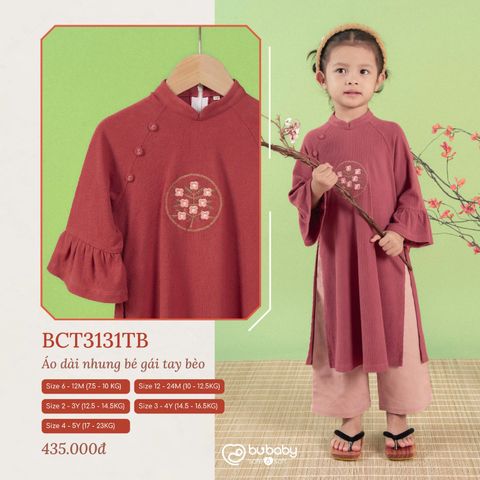 Áo dài nhung Bu Baby bé gái tay bèo Đỏ gạch - hồng