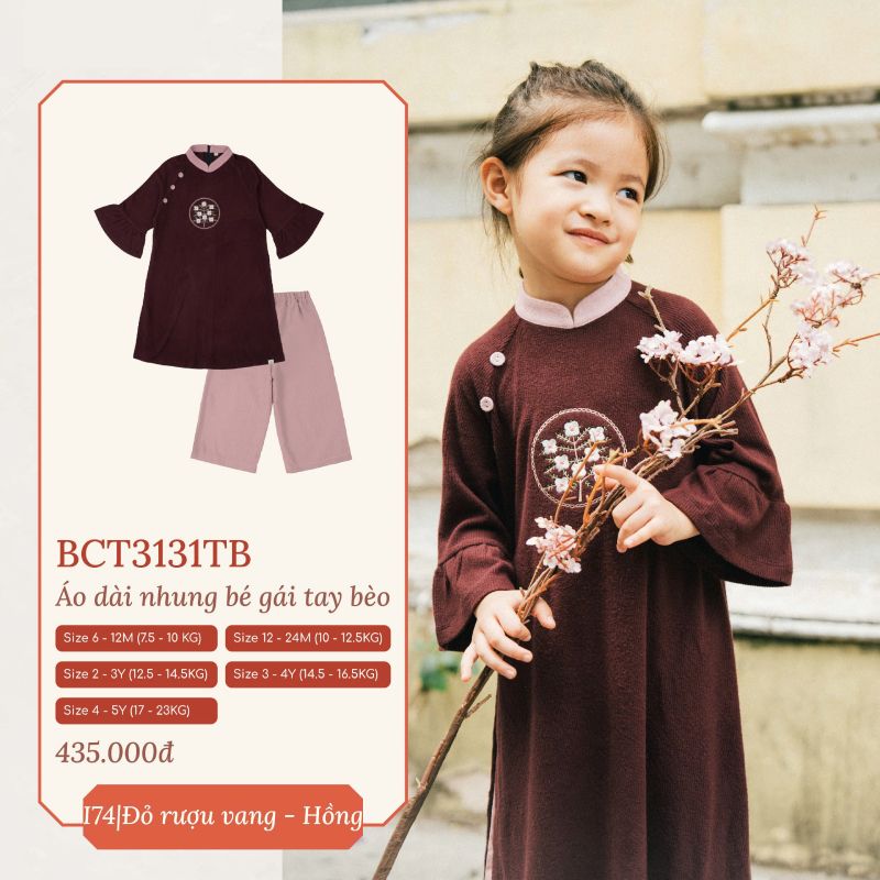 Áo dài nhung Bu Baby bé gái tay bèo Đỏ rượu vang - hồng