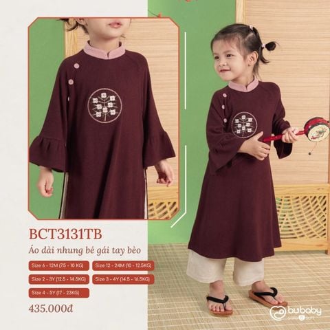 Áo dài nhung Bu Baby bé gái tay bèo Đỏ rượu vang - hồng