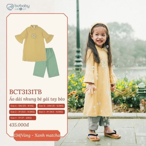 Áo dài nhung Bu Baby bé gái tay bèo Vàng - xanh matcha