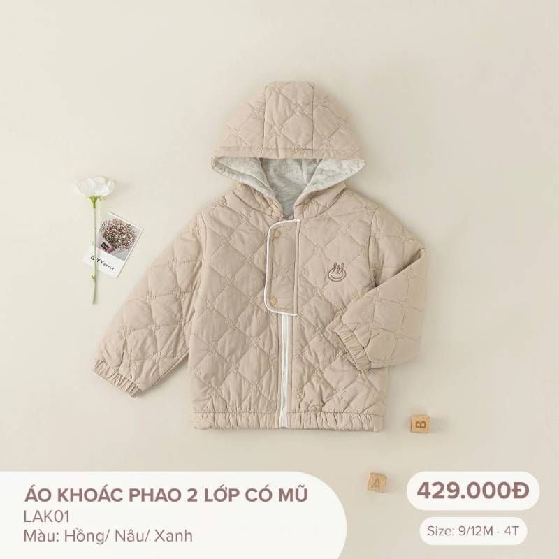 Áo khoác phao Bamboo by LIL 2 lớp có mũ nâu