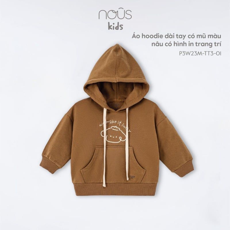 ÁO HOODIE NOUS DÀI TAY CÓ MŨ MÀU NÂU CÓ HÌNH IN TRANG TRÍ