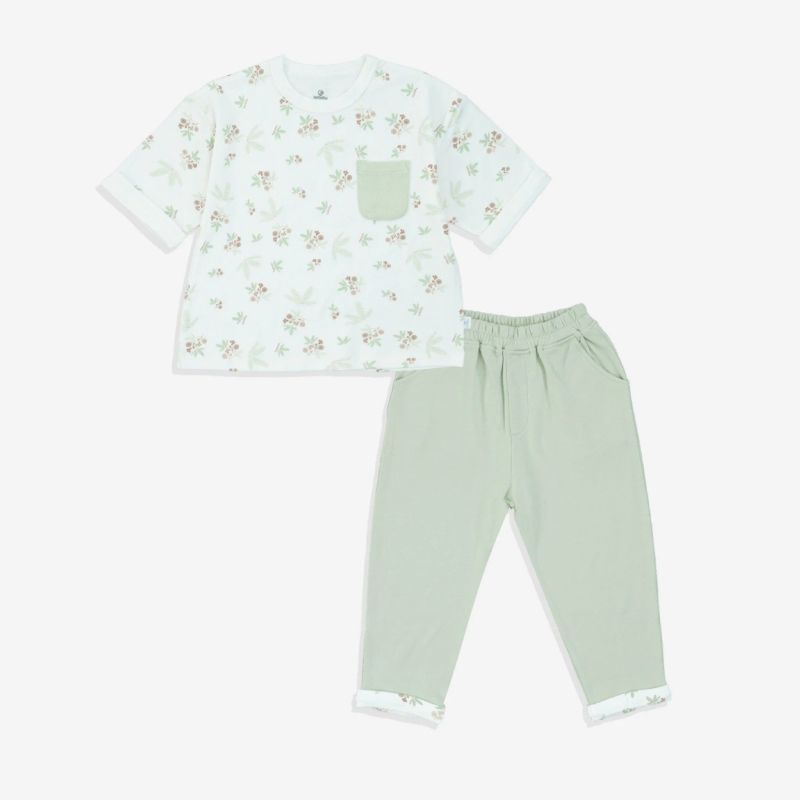 Bộ tay lỡ cổ tròn, quần dài Bu Baby Mimo Trắng in Mimosa Xanh matcha