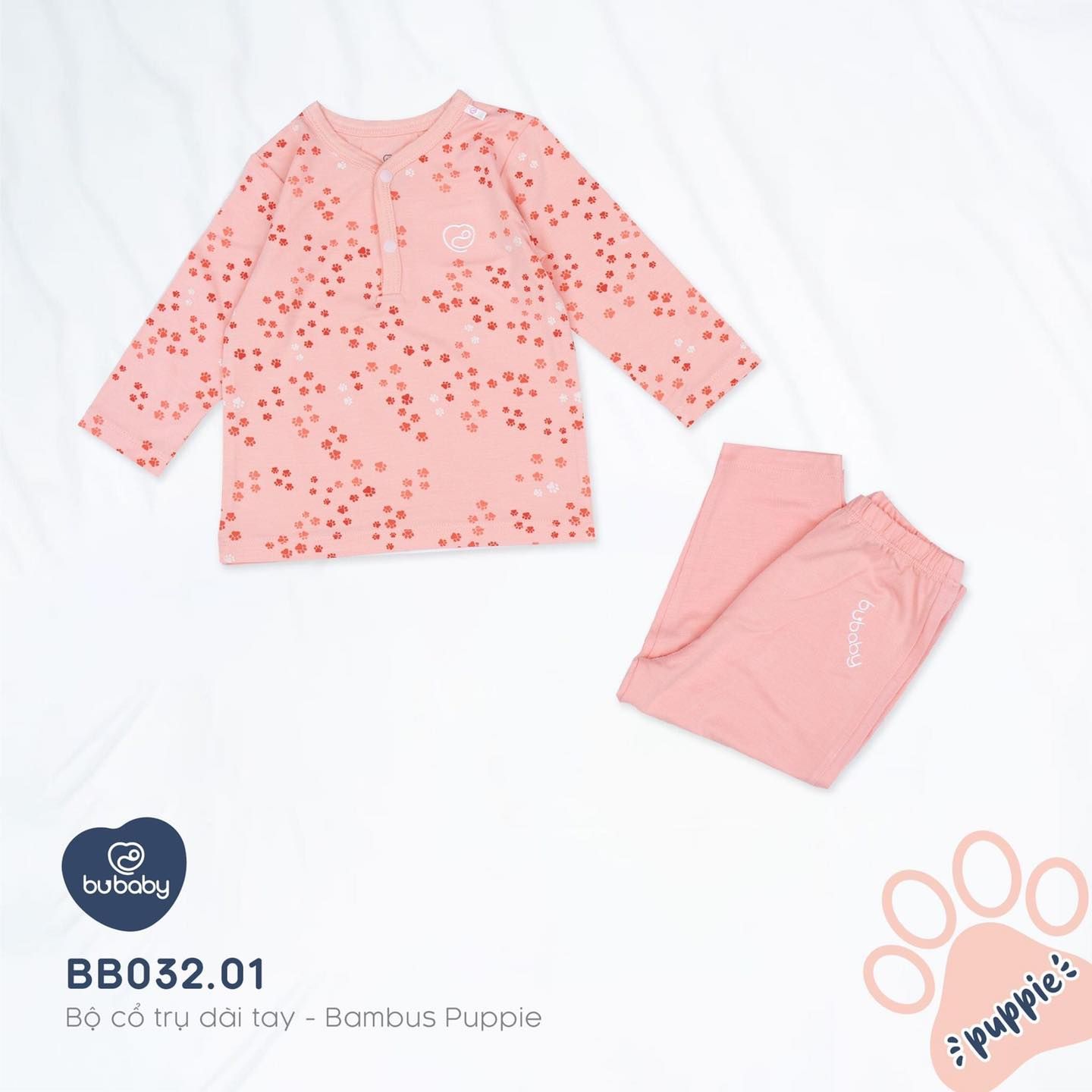 Bộ quần áo BU Baby cổ trụ dài tay bambus puppie hồng