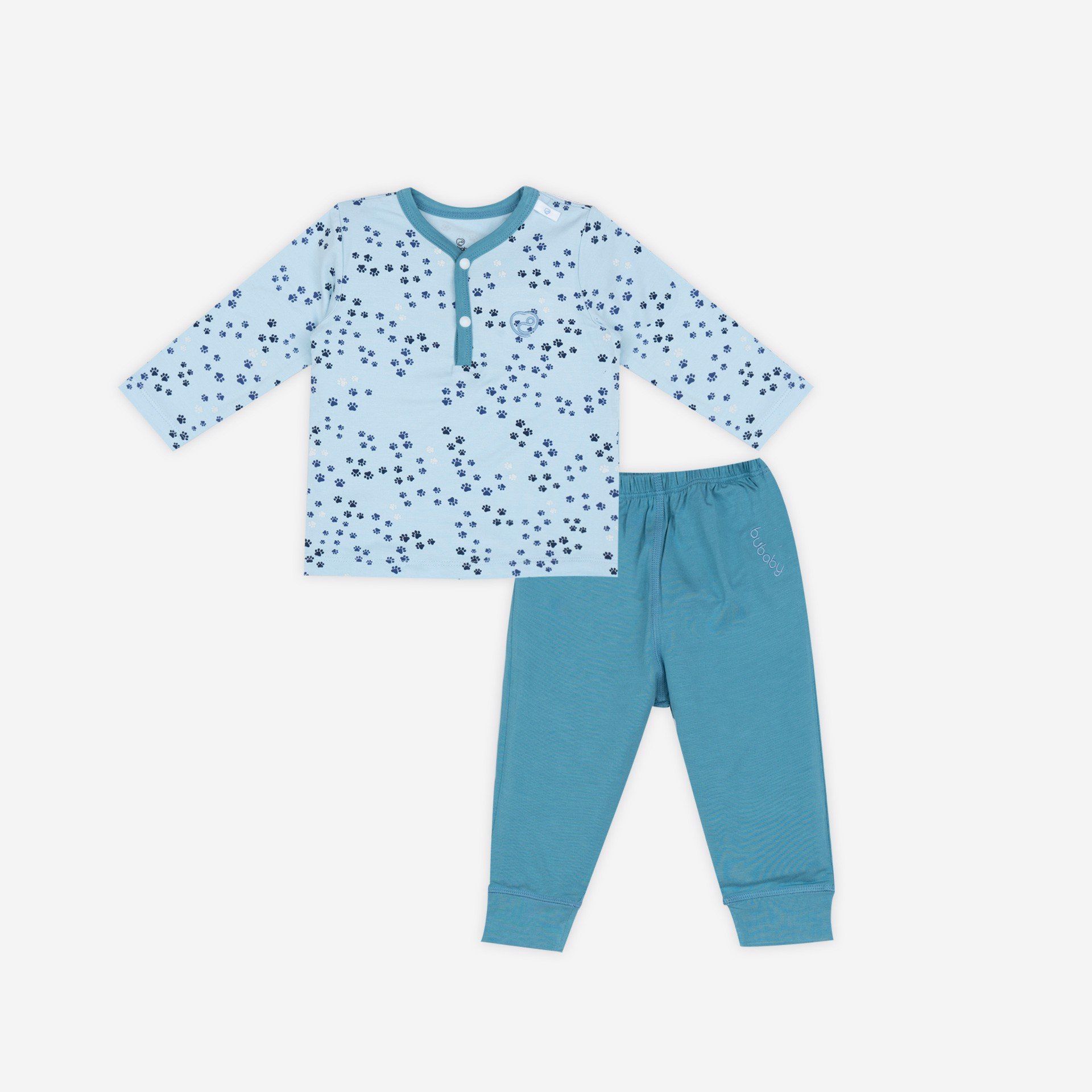 Bộ quần áo BU Baby cổ trụ dài tay bambus puppie blue xanh đậm