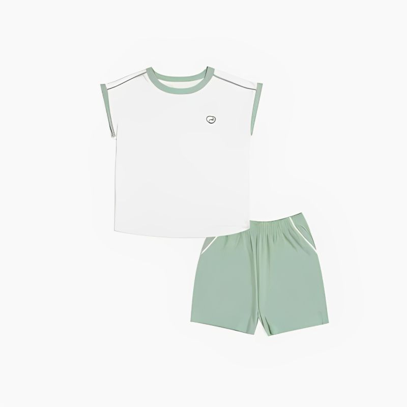 Bộ sát nách Bu Baby cổ tròn Bambus Gami trắng - xanh lục
