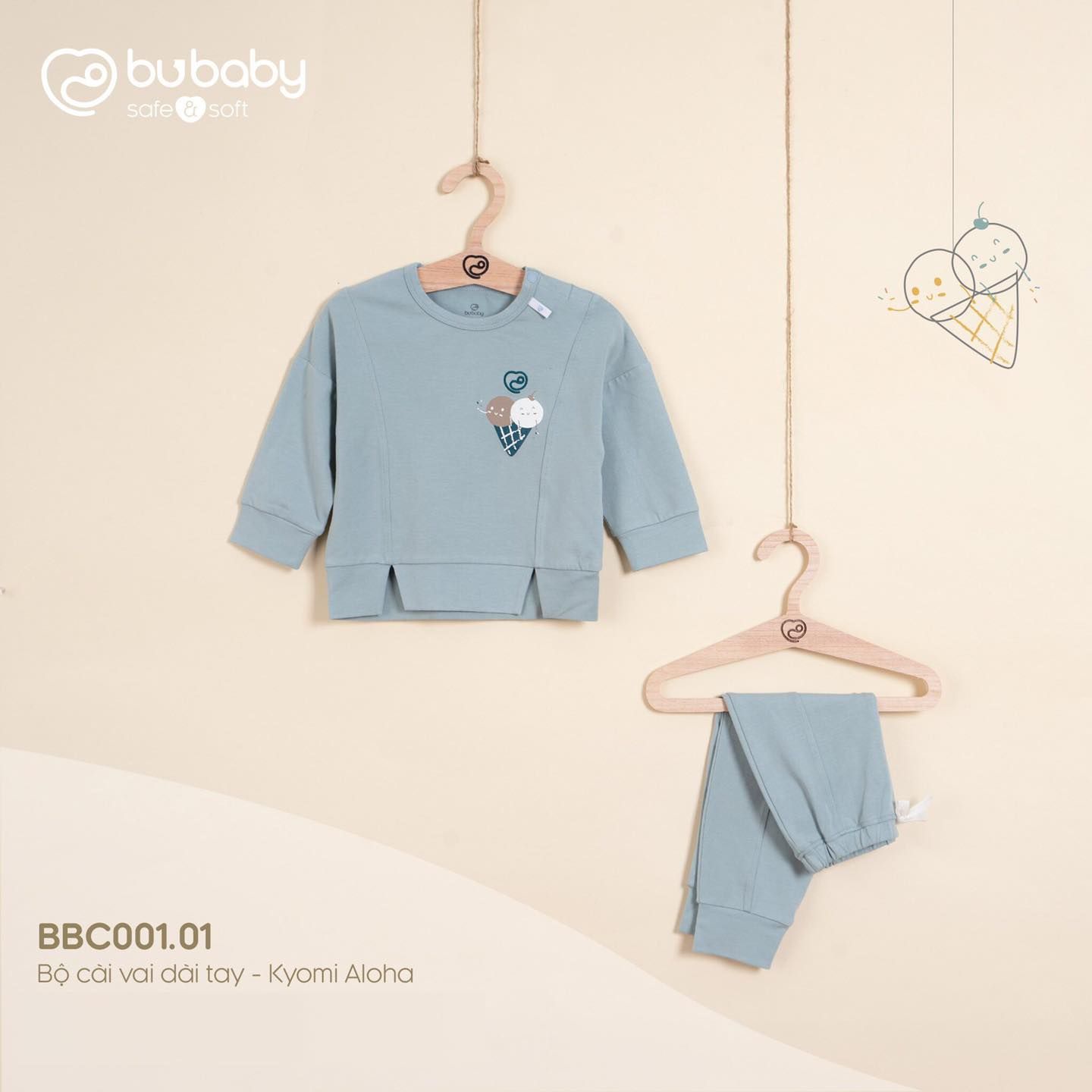 Bộ quần áo BU Baby cài vai dài tay Kyomi aloha xanh ghi