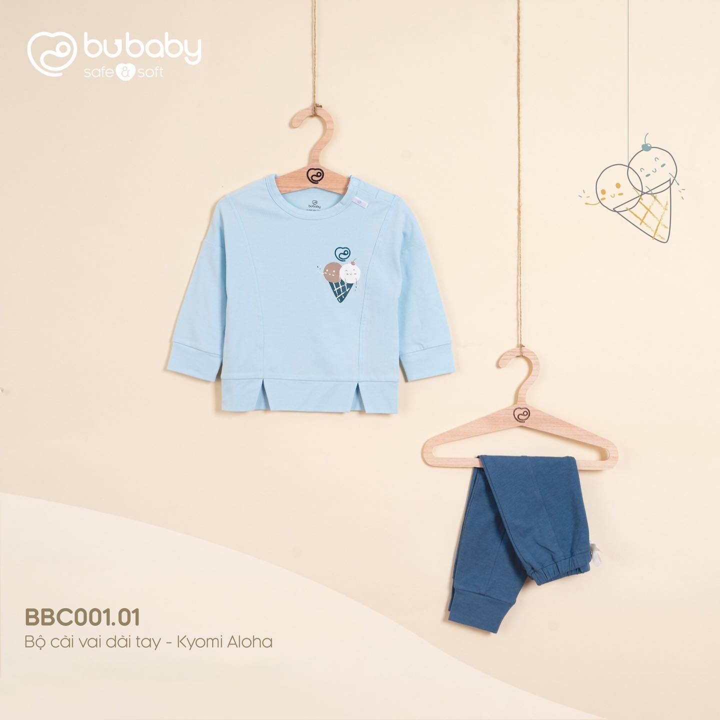 Bộ quần áo BU Baby cài vai dài tay Kyomi aloha blue xanh đậm