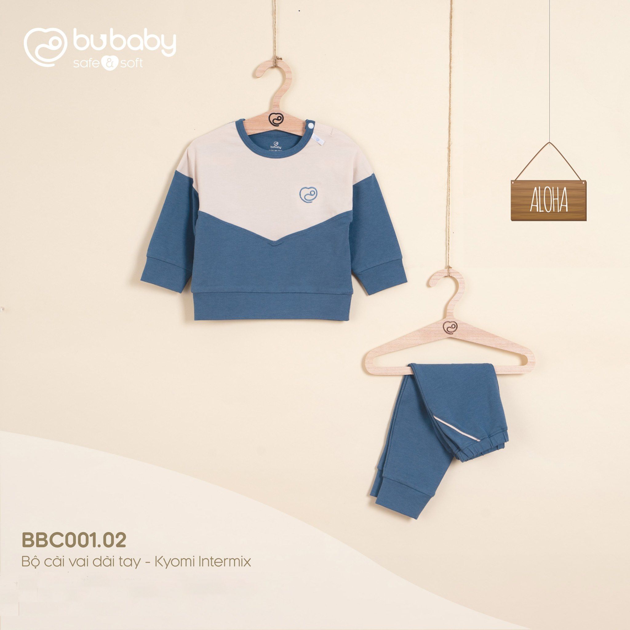 Bộ quần áo BU Baby cài vai dài tay Kyomi intermix xanh đậm be