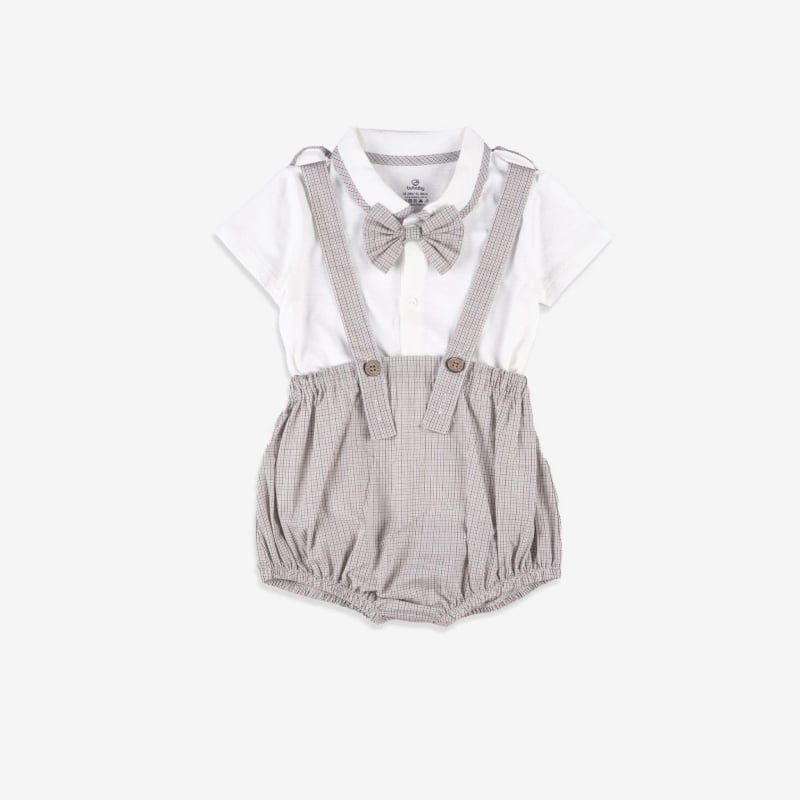 SET QUẦN YẾM KÈM ÁO NGẮN TAY BÉ TRAI VÀ NƠ CỔ BU BABY TRẮNG KẺ BE