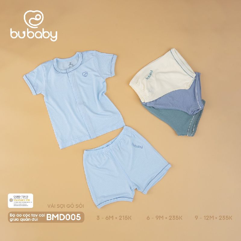 BMD005 Bộ áo cộc tay cài giữa, quần đùi Blue cổ vịt