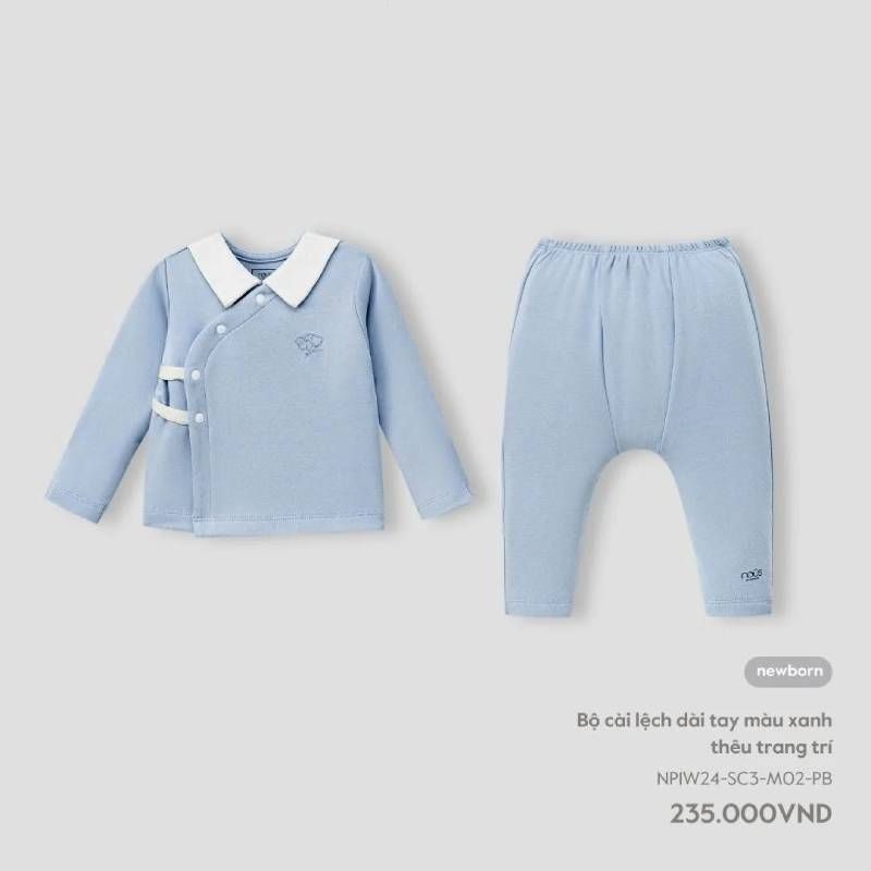 BỘ CÀI LỆCH DÀI TAY NOUS MÀU XANH THÊU TRANG TRÍ