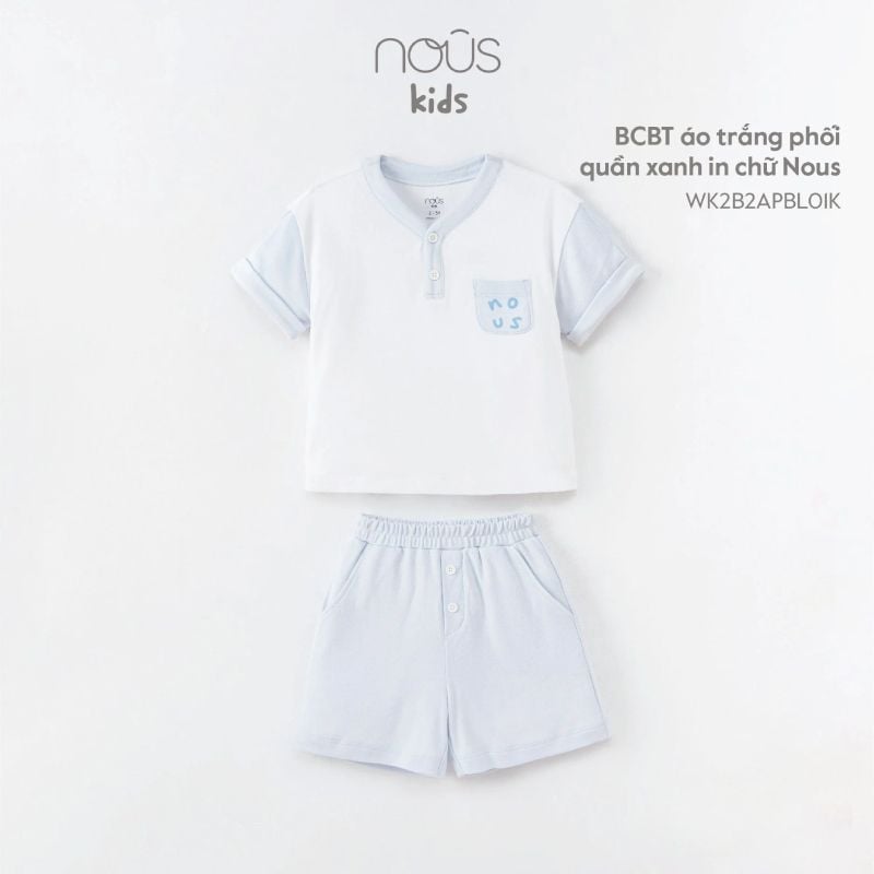 Bộ cộc bổ trụ Nous áo trắng phối quần xanh in chữ Nous