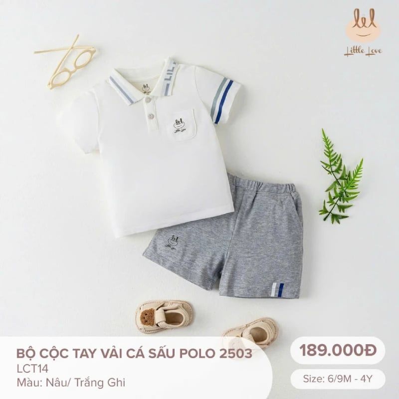 Bộ cộc tay Bamboo by LIL vải cá sấu polo 2503 trắng ghi