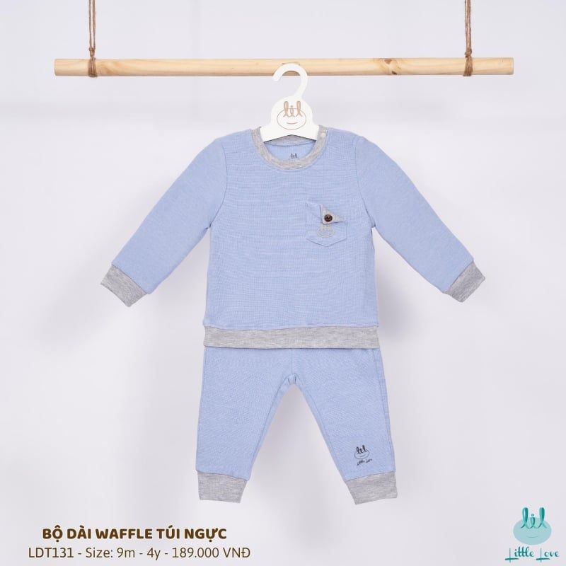 Bộ dài tay Bamboo by LIL vải waffle túi ngực màu xanh nhạt