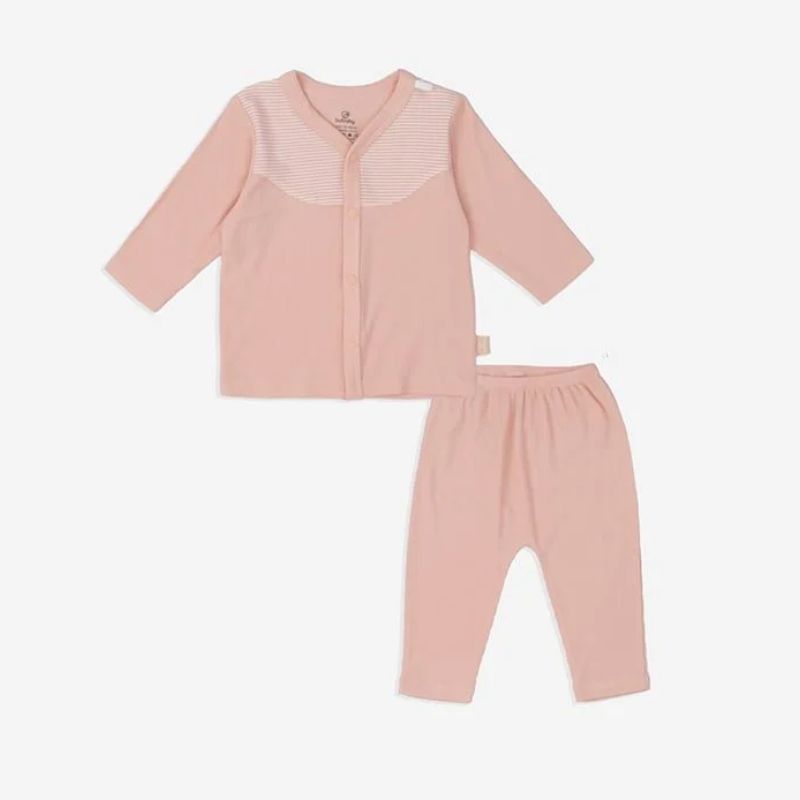 Bộ dài tay Bu Baby cài giữa Hồng - kẻ hồng