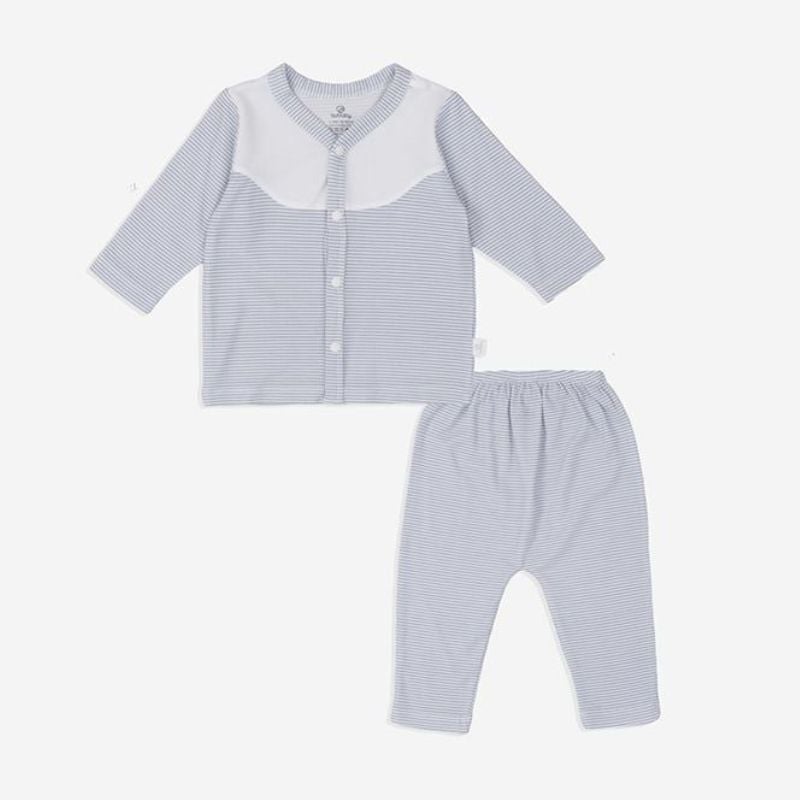 Bộ dài tay Bu Baby cài giữa Kẻ ghi xám - trắng
