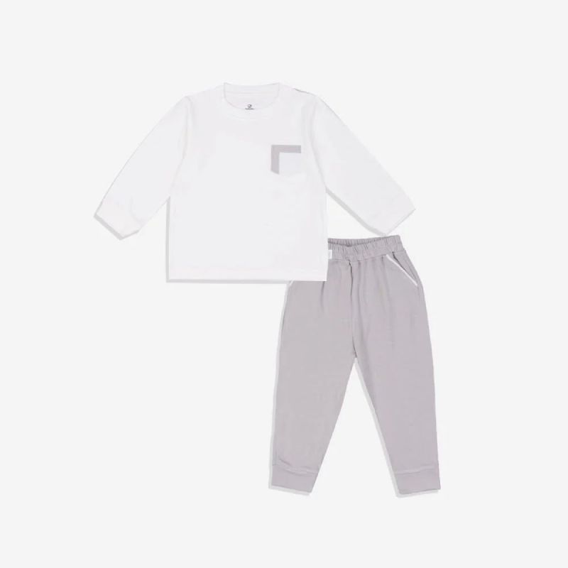 Bộ dài tay Bu Baby Cổ tròn túi ngực Trắng - Ghi