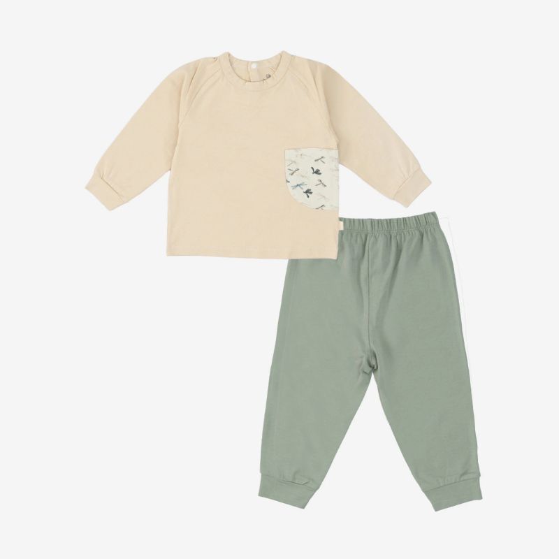 Bộ dài tay Bu Baby raglan cài sau Túi ngực Dona Be - xanh lục