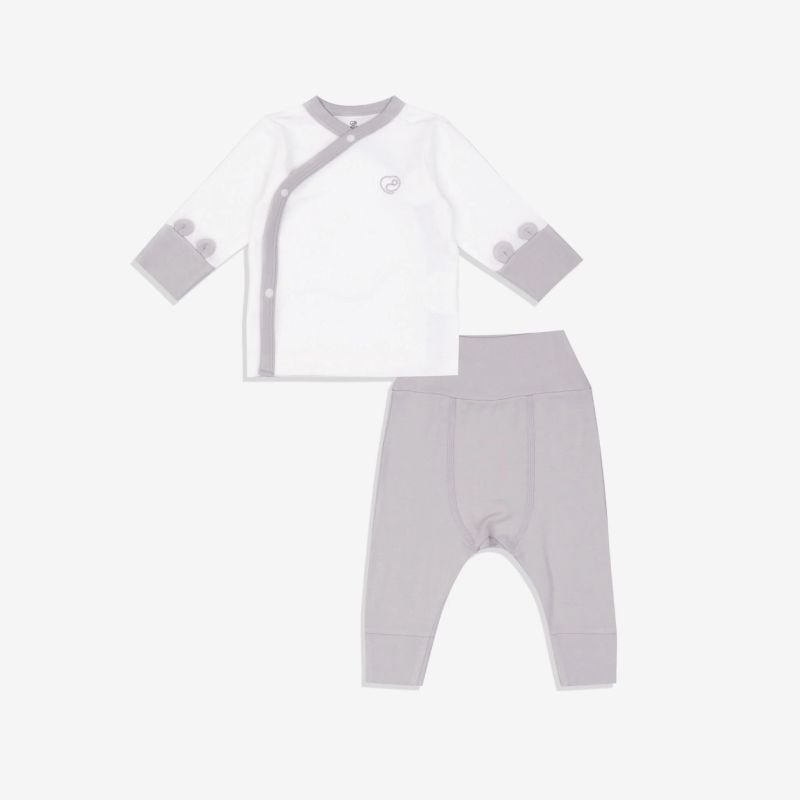 Bộ dài tay cài chéo Bu Baby Bambus Trắng - Ghi