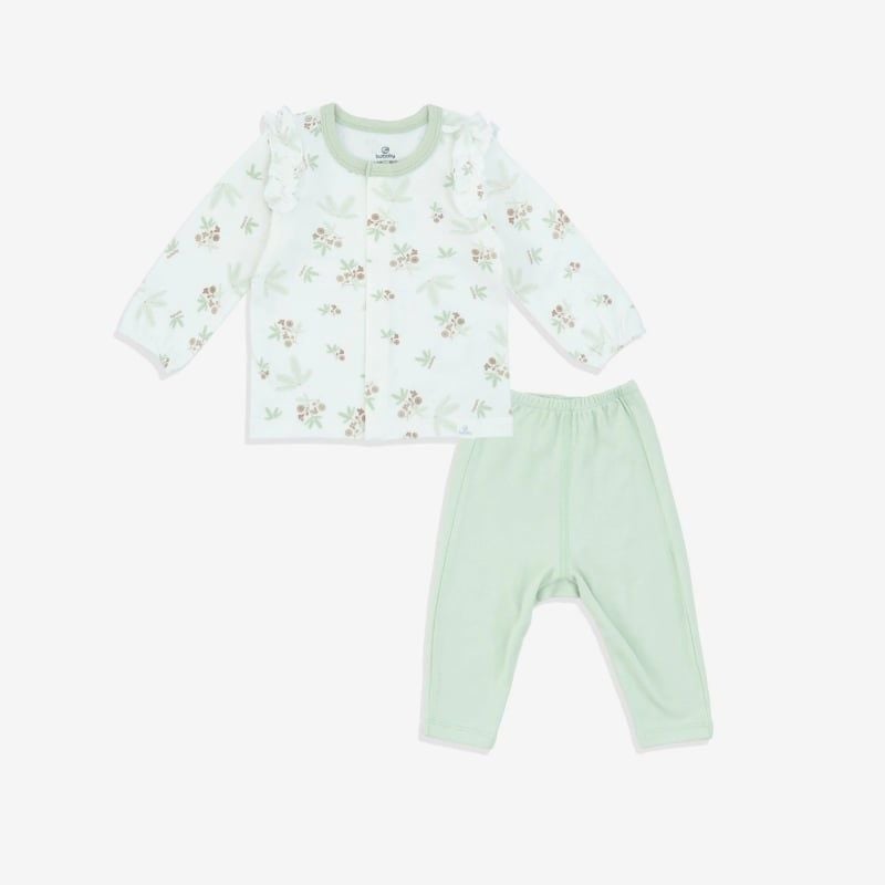 Bộ dài tay cài giữa bèo vai Bu Baby Mimo Trắng in Mimosa