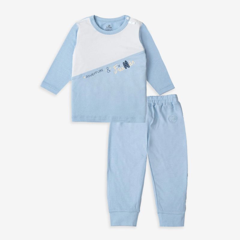 Bộ dài tay cài vai Bu Baby Bamco Jacquard Trắng Blue