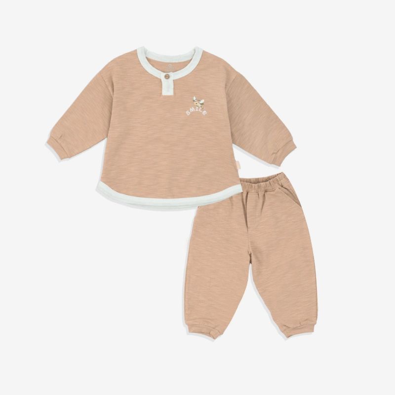 Bộ dài tay cổ trụ Bu baby Cotton Slub Dona be đậm