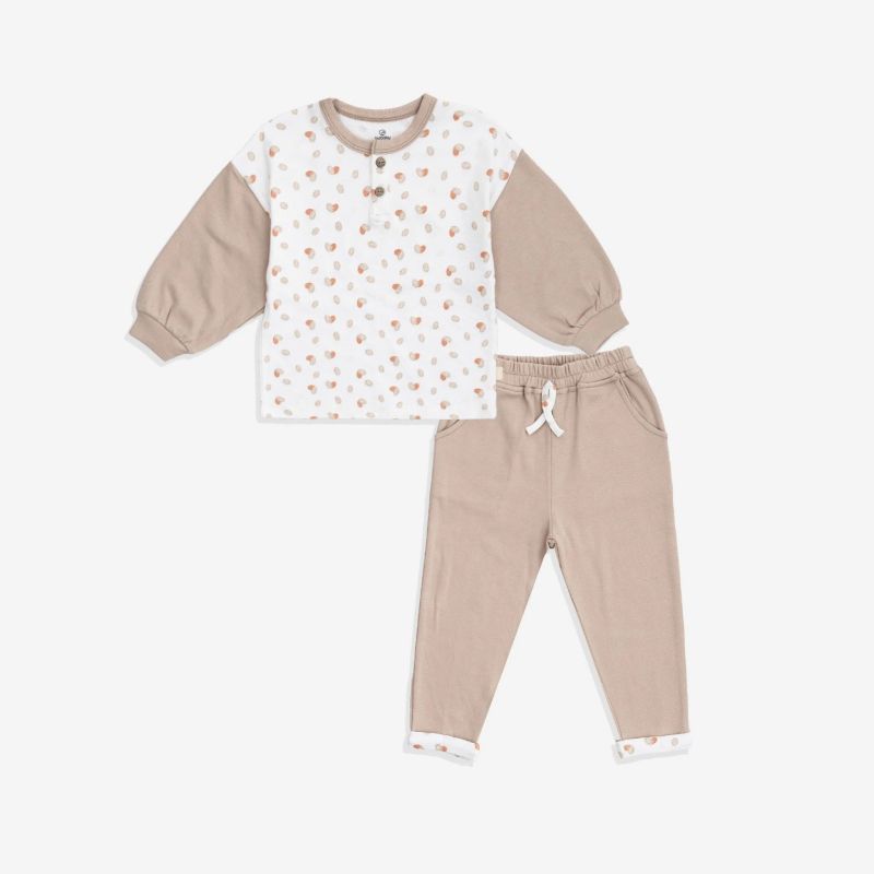 Bộ dài tay cổ trụ Bu Baby Gloute Trắng in ké nâu