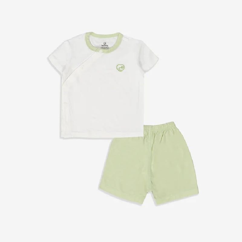 Bộ ngắn tay Bu Baby cài chéo Bambus Trắng - xanh matcha