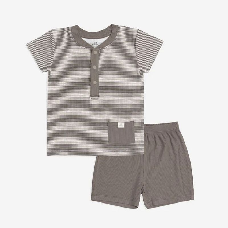Bộ ngắn tay Bu Baby cổ trụ Kẻ nâu - nâu