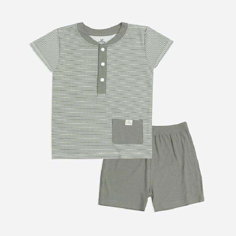 Bộ ngắn tay Bu Baby cổ trụ Kẻ olive - olive