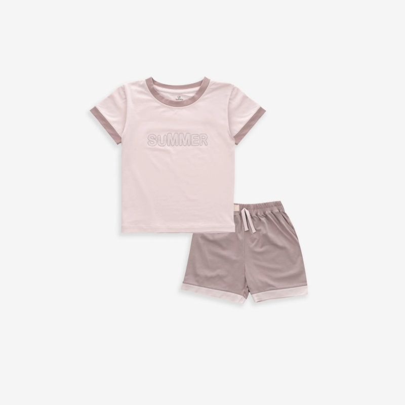 Bộ ngắn tay cổ tròn Bu Baby Muda Hồng Nâu sữa