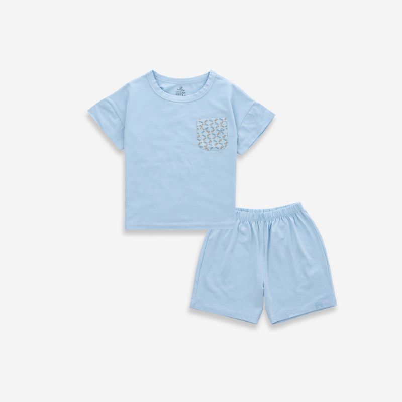 Bộ ngắn tay cổ tròn Bu baby Túi ngực Blue