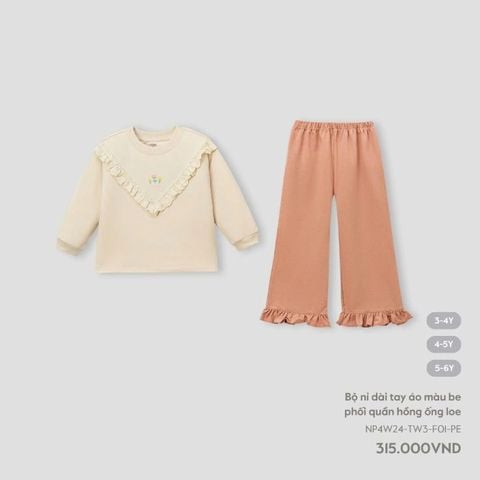 Bộ nỉ dài tay Nous áo màu be phối quần hồng ống loe