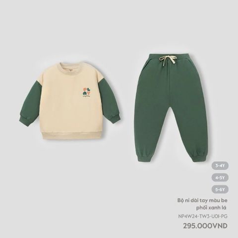 Bộ nỉ dài tay Nous màu be phối xanh lá