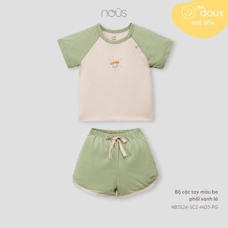 BỘ NOUS CỘC TAY MÀU BE PHỐI XANH LÁ