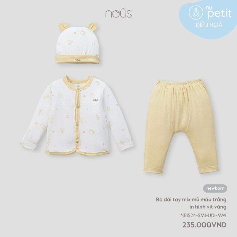 BỘ NOUS DÀI TAY MIX MŨ MÀU TRẮNG IN HÌNH VỊT VÀNG NB