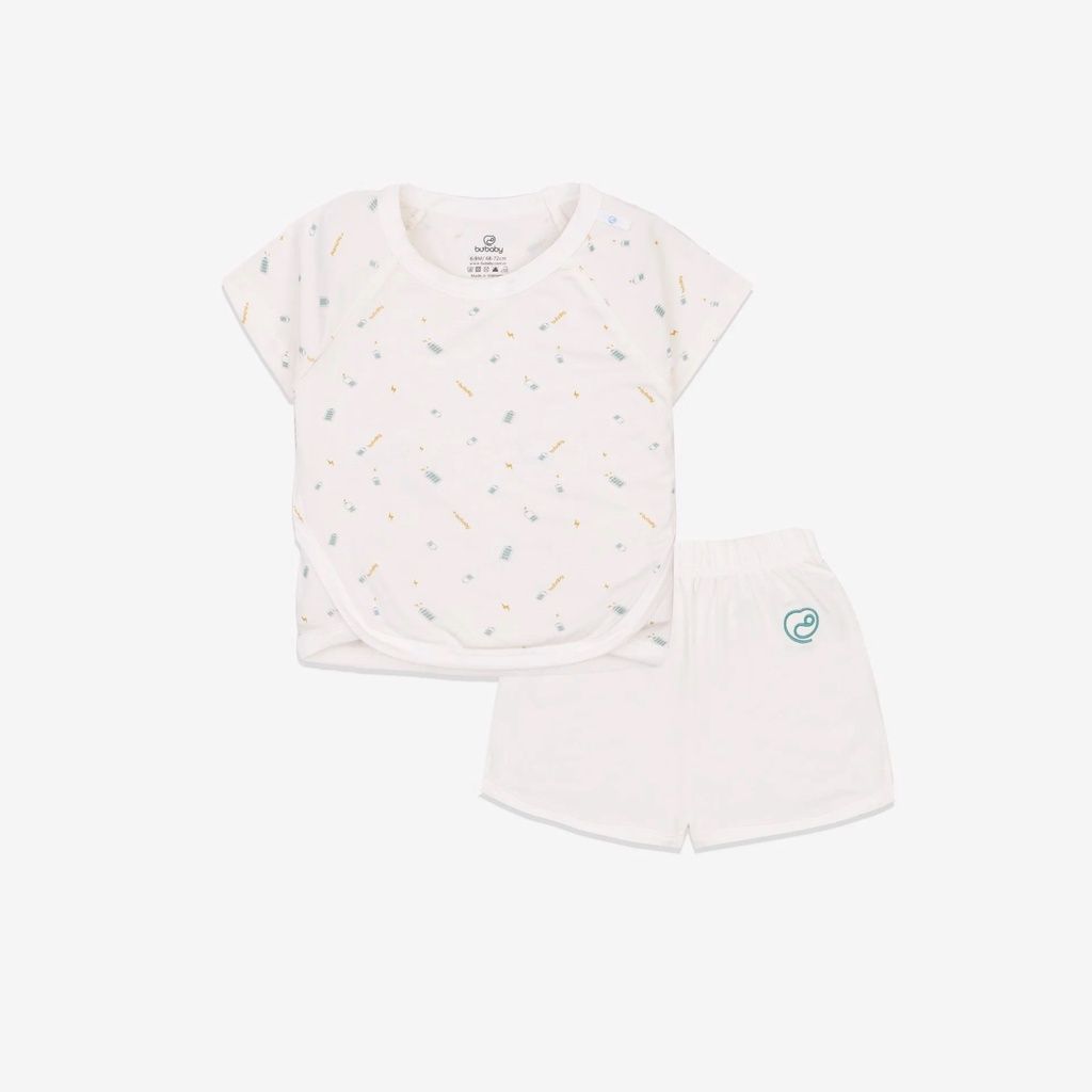 Bộ quần áo BU Baby ngắn tay cổ tròn Bambus Trắng in charger - Trắng