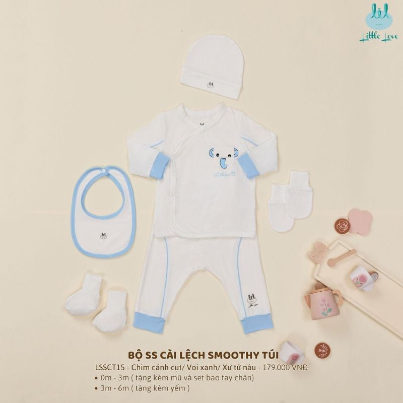 BỘ SƠ SINH CÀI LỆCH BAMBOO BY LIL SMOOTHY TÚI CON VOI XANH TẶNG YẾM
