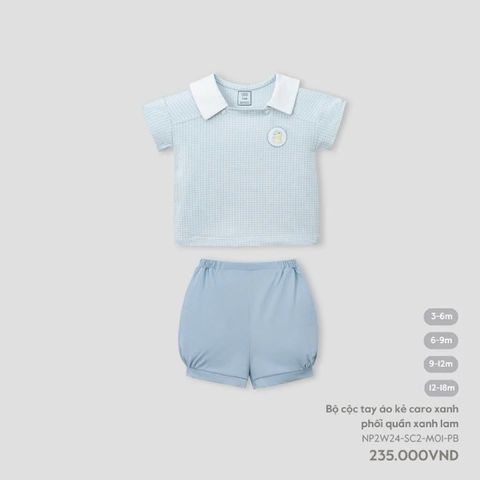 Bộ cộc tay Nous áo kẻ caro xanh phối quần xanh lam