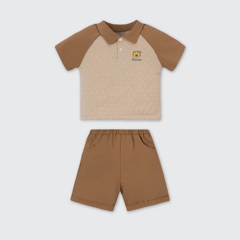 Bộ cộc tay Polo La Pomme hoạ tiết dễ thương màu nâu