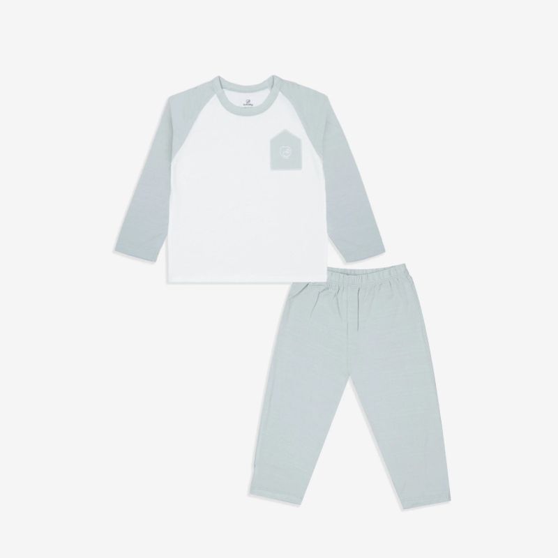 Bộ dài tay Bu Baby cổ tròn Túi ngực Bambus Trắng - Ghi