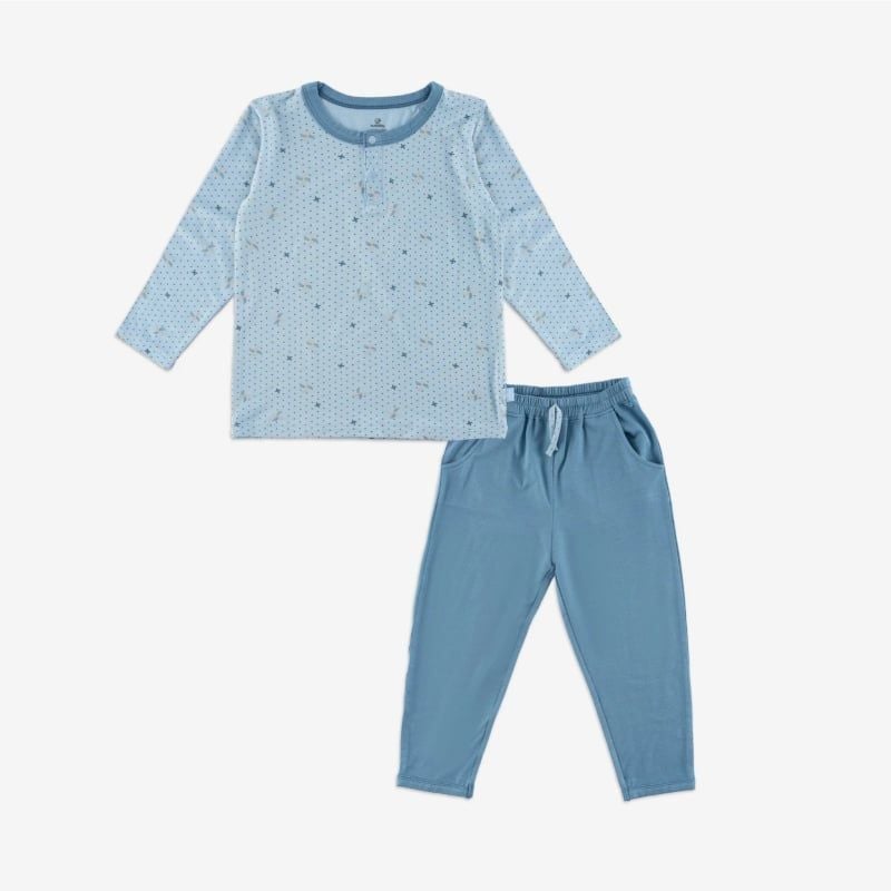 BỘ DÀI TAY CỔ TRỤ BU BABY BAMBUS GAMI BLUE IN CHONG CHÓNG - BLUE