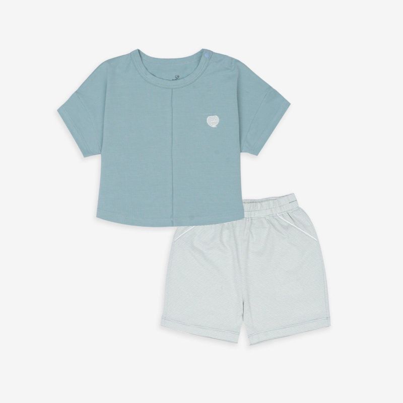 BỘ NGẮN TAY CÀI VAI BU BABY BAMCO XANH GHI KẺ XANH GHI