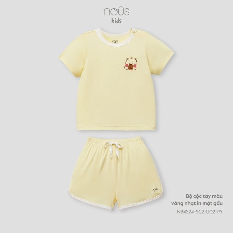 Bộ Nous cộc tay màu vàng nhạt in mặt gấu