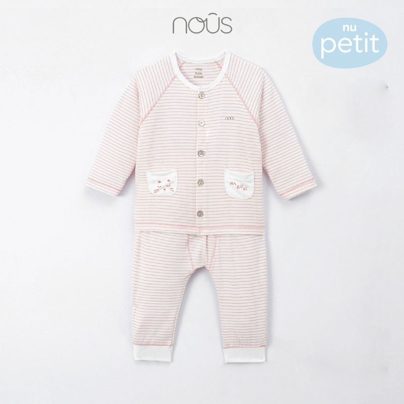 Bộ Nous cài thẳng dài Petit kẻ hồng in họa tiết mèo ở túi